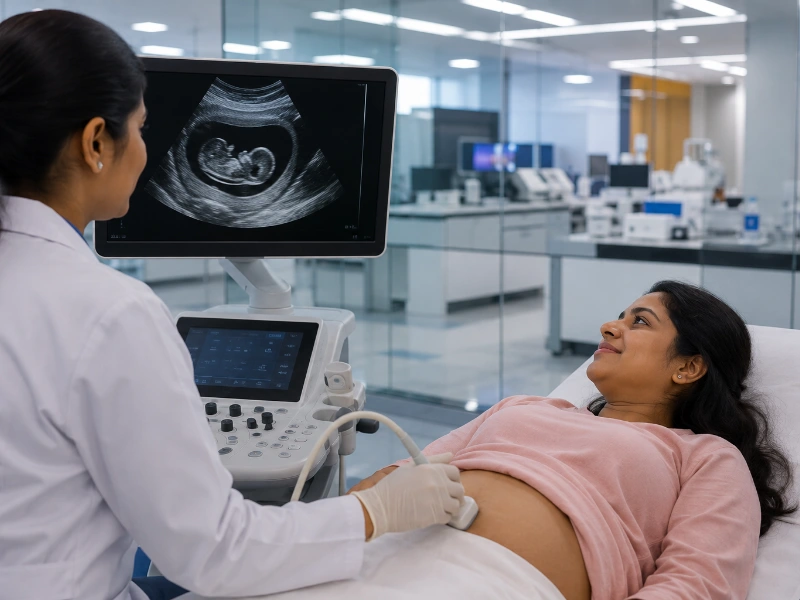 Advanced high-resolution early pregnancy ultrasound machine performing a high-precision first trimester scan to map nuchal translucency and crown-rump length
